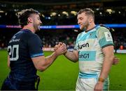 18 January 2025; Ross Molony of Bath, right, with Caelan Doris of Leinster after the Investec Champions Cup Pool 2 match between Leinster and Bath at the Aviva Stadium in Dublin. Photo by Brendan Moran/Sportsfile