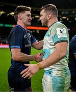 18 January 2025; Ross Molony of Bath, right, with Jordie Barrett of Leinster after the Investec Champions Cup Pool 2 match between Leinster and Bath at the Aviva Stadium in Dublin. Photo by Brendan Moran/Sportsfile