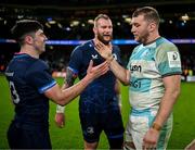 18 January 2025; Ross Molony of Bath, right, with Jimmy O'Brien of Leinster after the Investec Champions Cup Pool 2 match between Leinster and Bath at the Aviva Stadium in Dublin. Photo by Brendan Moran/Sportsfile
