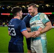 18 January 2025; Ross Molony of Bath, right, with Jimmy O'Brien of Leinster after the Investec Champions Cup Pool 2 match between Leinster and Bath at the Aviva Stadium in Dublin. Photo by Brendan Moran/Sportsfile