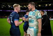 18 January 2025; Ross Molony of Bath, right, with Jamie Osborne of Leinster after the Investec Champions Cup Pool 2 match between Leinster and Bath at the Aviva Stadium in Dublin. Photo by Brendan Moran/Sportsfile