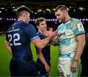 18 January 2025; Ross Molony of Bath, right, with Ross Byrne and Luke McGrath of Leinster after the Investec Champions Cup Pool 2 match between Leinster and Bath at the Aviva Stadium in Dublin. Photo by Brendan Moran/Sportsfile
