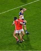 19 January 2025; David O'Dowd, left, and Con O'Callaghan of Cuala and Niall Kelly of Errigal Ciarán react at the final whistle of the AIB GAA Football All-Ireland Senior Club Championship final match between Cuala and Errigal Ciarán at Croke Park in Dublin. Photo by Daire Brennan/Sportsfile