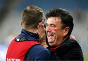 19 January 2025; Cuala supporter Des Cahill celebrates with manager Austin O'Malley after the AIB GAA Football All-Ireland Senior Club Championship final match between Cuala and Errigal Ciarán at Croke Park in Dublin. Photo by Daire Brennan/Sportsfile