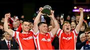19 January 2025; Cuala players, the O'Callaghan brothers, from left, Con, Niall, and Eoghan lift the Andy Merrigan Cup after their side's victory in the AIB GAA Football All-Ireland Senior Club Championship final match between Cuala and Errigal Ciarán at Croke Park in Dublin. Photo by Piaras Ó Mídheach/Sportsfile