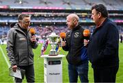 19 January 2025; Micheál Ó Domhnaill of TG4 interviews former Errigal Ciarán and Tyrone footballer Peter Canavan and RTÉ broadcaster and Cuala supporter Des Cahill, right, before the AIB GAA Football All-Ireland Senior Club Championship final match between Cuala and Errigal Ciarán at Croke Park in Dublin. Photo by Piaras Ó Mídheach/Sportsfile