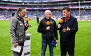 19 January 2025; Micheál Ó Domhnaill of TG4 interviews former Errigal Ciarán and Tyrone footballer Peter Canavan and RTÉ broadcaster and Cuala supporter Des Cahill, right, before the AIB GAA Football All-Ireland Senior Club Championship final match between Cuala and Errigal Ciarán at Croke Park in Dublin. Photo by Piaras Ó Mídheach/Sportsfile