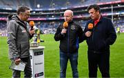 19 January 2025; Micheál Ó Domhnaill of TG4 interviews former Errigal Ciarán and Tyrone footballer Peter Canavan and RTÉ broadcaster and Cuala supporter Des Cahill, right, before the AIB GAA Football All-Ireland Senior Club Championship final match between Cuala and Errigal Ciarán at Croke Park in Dublin. Photo by Piaras Ó Mídheach/Sportsfile