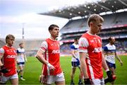 19 January 2025; Cuala players, from left, Eoghan O'Callaghan, Michael Fitzsimons and Danny Conroy in the parade before the AIB GAA Football All-Ireland Senior Club Championship final match between Cuala and Errigal Ciarán at Croke Park in Dublin. Photo by Piaras Ó Mídheach/Sportsfile