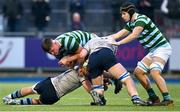 20 January 2025; Patrick Lawlor of St Gerard's School is tackled by St Michael's College players Owen Twomey, left, and Cian O'Neill during the Bank of Ireland Leinster Rugby Boys Schools Senior Cup First Round match between St Gerard’s School and St Michael’s College at Energia Park in Dublin. Photo by Shauna Clinton/Sportsfile