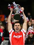 19 January 2025; Jamie Keenan of Cuala lifts the Andy Merrigan Cup after their side's victory in the the AIB GAA Football All-Ireland Senior Club Championship final match between Cuala and Errigal Ciarán at Croke Park in Dublin. Photo by Ben McShane/Sportsfile