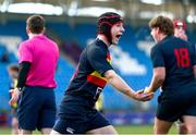 21 January 2025; Brendan Harrison of Temple Carrig celebrates at the final whistle during the Bank of Ireland Leinster Rugby Boys Schools Vinnie Murray Cup Semi-Final match between Temple Carrig School and Naas CBS at Energia Park in Dublin. Photo by Tyler Miller/Sportsfile