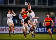 21 January 2025; Charlie Cave of CBC Monkstown collects a high ball ahead of Finn Kelly of Presentation College, Bray during the Bank of Ireland Leinster Rugby Boys Schools Vinnie Murray Cup Semi-Final match between Presentation College Bray and CBC Monkstown at Energia Park in Dublin. Photo by Tyler Miller/Sportsfile