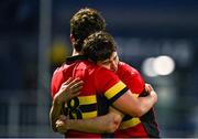 21 January 2025; Olan Donohue of CBC Monkstown, right, is consoled by team-mate Odhran Buckley after their side's defeat in the Bank of Ireland Leinster Rugby Boys Schools Vinnie Murray Cup Semi-Final match between Presentation College Bray and CBC Monkstown at Energia Park in Dublin. Photo by Tyler Miller/Sportsfile