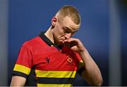21 January 2025; Daniel Buckley of CBC Monkstown reacts after his side's defeat in the Bank of Ireland Leinster Rugby Boys Schools Vinnie Murray Cup Semi-Final match between Presentation College Bray and CBC Monkstown at Energia Park in Dublin. Photo by Tyler Miller/Sportsfile
