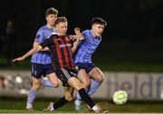 21 January 2025; Rhys Brennan of Bohemians shoots to score his side's second goal during the Leinster Senior Cup match between UCD and Bohemians at UCD Bowl in Belfield, Dublin. Photo by Thomas Flinkow/Sportsfile