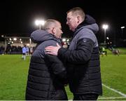 21 January 2025; Bohemians manager Alan Reynolds and UCD manager William O'Connor shake hands after the Leinster Senior Cup match between UCD and Bohemians at UCD Bowl in Belfield, Dublin. Photo by Thomas Flinkow/Sportsfile
