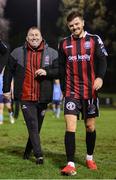 21 January 2025; Bohemians manager Alan Reynolds and player Adam McDonnell leave the pitch after the Leinster Senior Cup match between UCD and Bohemians at UCD Bowl in Belfield, Dublin. Photo by Thomas Flinkow/Sportsfile
