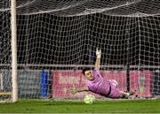 21 January 2025; UCD goalkeeper Dara Kavanagh watches a penalty from Ross Tierney of Bohemians go wide during the Leinster Senior Cup match between UCD and Bohemians at UCD Bowl in Belfield, Dublin. Photo by Thomas Flinkow/Sportsfile