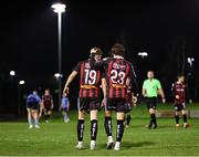 21 January 2025; Rhys Brennan of Bohemians, 19, celebrates with teammate Archie Meekison after scoring his side's second goal during the Leinster Senior Cup match between UCD and Bohemians at UCD Bowl in Belfield, Dublin. Photo by Thomas Flinkow/Sportsfile