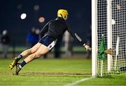 22 January 2025; UL goalkeeper Darach Fahy can't stop the ball from crossing the line for the first goal for ATU Galway, scored by Dylan Dunne, during the Electric Ireland Higher Education GAA Fitzgibbon Cup round two match between University of Limerick and ATU Galway at the University of Limerick in Limerick. Photo by Piaras Ó Mídheach/Sportsfile