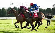 23 January 2025; Coral River, with Danny Mullins up, right, on their way to winning ahead of Kish Bank, with Sam Ewing up, during the RED MILLS EBF Auction Maiden Hurdle at Gowran Park racecourse in Kilkenny. Photo by David Fitzgerald/Sportsfile