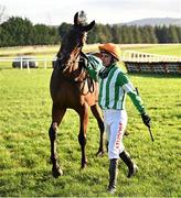 23 January 2025; Jockey Danny Mullins walks back the enclosure with MacDermott after the start of the Goffs Thyestes Handicap Steeplechase at Gowran Park racecourse in Kilkenny. Photo by David Fitzgerald/Sportsfile