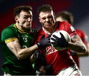 25 January 2025; Sean Walsh of Cork in action against Jordan Morris of Meath during the Allianz Football League Division 2 match between Cork and Meath at Páirc Ui Chaoimh in Cork. Photo by Michael P Ryan/Sportsfile