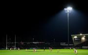 25 January 2025; A general view of action as Tyrone goalkeeper Niall Morgan passes the ball during the Allianz Football League Division 1 match between Tyrone and Derry at O'Neills Healy Park in Omagh, Tyrone. Photo by Ramsey Cardy/Sportsfile