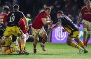 24 January 2025; Gavin Coombes of Munster in action against Chris Coleman of Dragons during the United Rugby Championship match between Dragons and Munster at Rodney Parade in Newport, Wales. Photo by Gareth Everett/Sportsfile