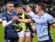25 January 2025; Dublin goalkeeper Gavin Sheridan and Brian Howard after the Allianz Football League Division 1 match between Dublin and Mayo at Croke Park. Photo by Stephen McCarthy/Sportsfile