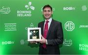 25 January 2025; Irish Olympic gold medallist Paul O'Donovan with his Senior Male Rower of the Year award during Rowing Ireland's Olympic Celebration & Awards Night at Fota Island Resort in Cork. Photo by Matt Browne/Sportsfile