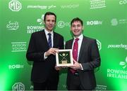 25 January 2025; Irish Olympic gold medallist Paul O'Donovan is presented with the Senior Male Rower of the Year award by Jean Christophe Rolland, President of World Rowing during Rowing Ireland's Olympic Celebration & Awards Night at Fota Island Resort in Cork. Photo by Matt Browne/Sportsfile