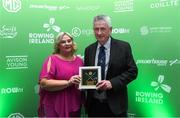 25 January 2025; Pat McInerney from St Michaels Rowing Club Limerick is presented the Coiach of the Year award by Michelle Carpenter CEO of Rowing Ireland during Rowing Ireland's Olympic Celebration & Awards Night at Fota Island Resort in Cork. Photo by Matt Browne/Sportsfile