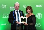 25 January 2025; Barbara Nugent from Skibbereen Rowing Club Cork is presented with the Master Female Rower of the Year award by Barry McWilliams, Chair of Rowing Ireland during Rowing Ireland's Olympic Celebration & Awards Night at Fota Island Resort in Cork. Photo by Matt Browne/Sportsfile