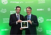 25 January 2025; Paul Gallen from Athlone Boat Club Westmeath is presented with the Master Male Rower of the Year award by Jean Christophe Rolland, President of World Rowing during Rowing Ireland's Olympic Celebration & Awards Night at Fota Island Resort in Cork. Photo by Matt Browne/Sportsfile