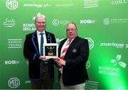 25 January 2025; TJ Ryan from Skibbereen Rowing Club Cork is presented with the Umpire of the Year award by Barry McWilliams Chair of Rowing Ireland during the Rowing Ireland's Olympic Celebration & Awards Night at Fota Island Resort in Cork. Photo by Matt Browne/Sportsfile