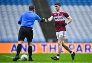 26 January 2025; Conor Loftus of Crossmolina Deel Rovers shakes hands with referee Seán Lonergan before the AIB GAA Football All-Ireland Intermediate Club Championship final match between Ballinderry of Derry and Crossmolina Deel Rovers of Mayo at Croke Park in Dublin. Photo by Tyler Miller/Sportsfile