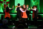 25 January 2025; The Na Dúnta team, including Aaron Connaire, Órla Rijksen, Leah Bardon, Billy Carroll, Bailey Shiels, Caleb Shiels, Conor Cleary and Ellen Connaire, representing Westmeath and Leinster, in the Rince Seit competition during the Scór na nÓg 2024-25 All-Ireland Finals at the Hillgrove Hotel, Monaghan. Photo by Shauna Clinton/Sportsfile
