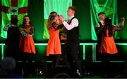 25 January 2025; The Na Dúnta team, including Aaron Connaire, Órla Rijksen, Leah Bardon, Billy Carroll, Bailey Shiels, Caleb Shiels, Conor Cleary and Ellen Connaire, representing Westmeath and Leinster, in the Rince Seit competition during the Scór na nÓg 2024-25 All-Ireland Finals at the Hillgrove Hotel, Monaghan. Photo by Shauna Clinton/Sportsfile