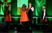 25 January 2025; The Na Dúnta team, including Aaron Connaire, Órla Rijksen, Leah Bardon, Billy Carroll, Bailey Shiels, Caleb Shiels, Conor Cleary and Ellen Connaire, representing Westmeath and Leinster, in the Rince Seit competition during the Scór na nÓg 2024-25 All-Ireland Finals at the Hillgrove Hotel, Monaghan. Photo by Shauna Clinton/Sportsfile