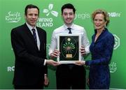 25 January 2025; Irish Olympic Bronze Medallist Daire Lynch with Jean Christophe Rolland, President of World Rowingat and Annamarie Phelps, Olympic President of European Rowing, the Rowing Ireland's Olympic Celebration & Awards Night at Fota Island Resort in Cork. Photo by Matt Browne/Sportsfile