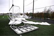 27 January 2025; A general view of a floodlight from the Dome on a separate nearby astro turf pitch caused by the damage to University of Galway Connacht GAA Air Dome, in Bekan, Mayo, which was destroyed during Storm Éowyn. Photo by Piaras Ó Mídheach/Sportsfile