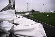 27 January 2025; A general view of debris from the Dome on a separate nearby astro turf pitch caused by the damage to University of Galway Connacht GAA Air Dome, in Bekan, Mayo, which was destroyed during Storm Éowyn. Photo by Piaras Ó Mídheach/Sportsfile