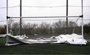 27 January 2025; A general view of debris from the Dome on a separate nearby astro turf pitch caused by the damage to University of Galway Connacht GAA Air Dome, in Bekan, Mayo, which was destroyed during Storm Éowyn. Photo by Piaras Ó Mídheach/Sportsfile