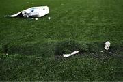 27 January 2025; A general view of debris on a separate nearby astro turf pitch caused by the damage to University of Galway Connacht GAA Air Dome, in Bekan, Mayo, which was destroyed during Storm Éowyn. Photo by Piaras Ó Mídheach/Sportsfile