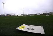 27 January 2025; A general view of a pressurised Dome door on a separate nearby astro turf pitch caused by the damage to University of Galway Connacht GAA Air Dome, in Bekan, Mayo, which was destroyed during Storm Éowyn. Photo by Piaras Ó Mídheach/Sportsfile