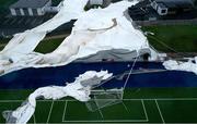 27 January 2025; A general view of the University of Galway Connacht GAA Air Dome, in Bekan, Mayo, which was destroyed during Storm Éowyn. Photo by Piaras Ó Mídheach/Sportsfile