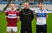 26 January 2025; Referee Seán Lonergan with team captains Mikie Loftus of Crossmolina Deel Rovers and Gareth McKinless of Ballinderry before the AIB GAA Football All-Ireland Intermediate Club Championship final match between Ballinderry of Derry and Crossmolina Deel Rovers of Mayo at Croke Park in Dublin. Photo by Tyler Miller/Sportsfile