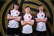 21 January 2025; Players, from left, Vincent Leonard, TJ Molloy and Sean Spaight during a Dundalk FC squad portraits session at Oriel Park in Dundalk, Louth. Photo by Stephen McCarthy/Sportsfile